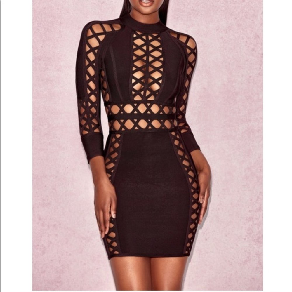 House of CB Aziza Brown Woven Bandage Bodycon Dress Size Large